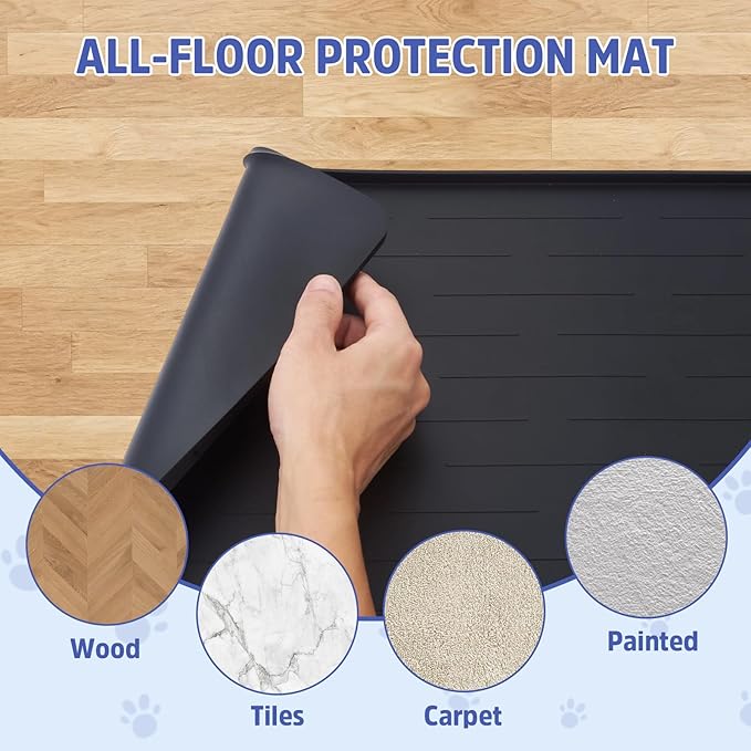 Large Dog Mats for Food and Water, 32"x24" Waterproof Pet Food Mats for Floor Nonslip Silicone Bowl Mats with Raised Edges