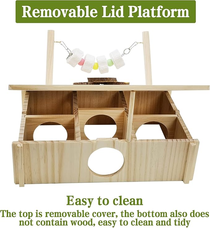 kathson Hamster Multi-Chamber Hideouts, Wooden House Maze Tunnels Exploring Toy Small Animal Activity Sport Playground Platform with Chew Molar Stone Toys for Dwarf Hamster Gerbils Mice Syrian