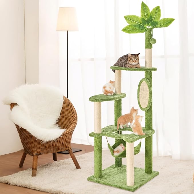 55" Cat Tree for with Green Leaves, Multi-Level Large Cat Tower with Hammock, Plush Cat House with Hang Ball Toy and Sisal Scratching Posts Furniture, Green