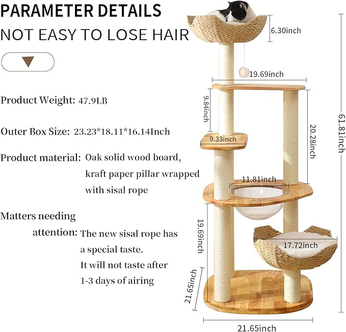Large Cat Tree for Multiple Cats - Natural Wood Cat Tower with Extra Thick Scratching Posts, Modern Cat House & Condo | Unique Flower Perch Design, Sturdy Cat Furniture Supplies (61+in)