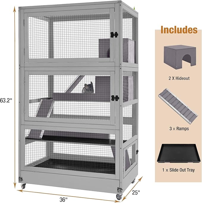 GUTINNEEN Ferret Cage Chinchilla House Large 4 Levels Critter Nation Cage Perfect for Ferret,Chinchilla, Rat, Squirrel, Lizard and Other Small Animal,Upgrade Anti-Chewing (Grey)