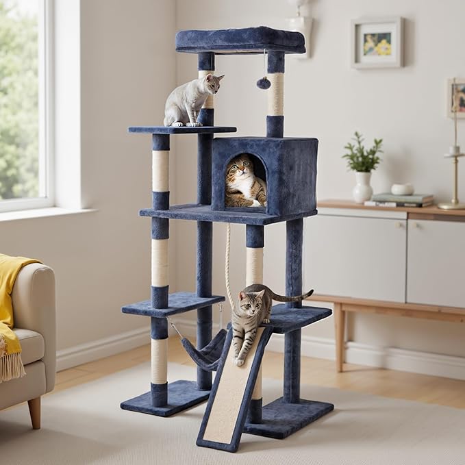 Sweetcrispy 63 inch Cat Tree Tower, Large Multi Level Cat Climbing Tower with Condo, Natural Sisal Scratching Posts, Extended Platform, Hammock, Pet House for Indoor Cats and Kittens Play, Dark Blue