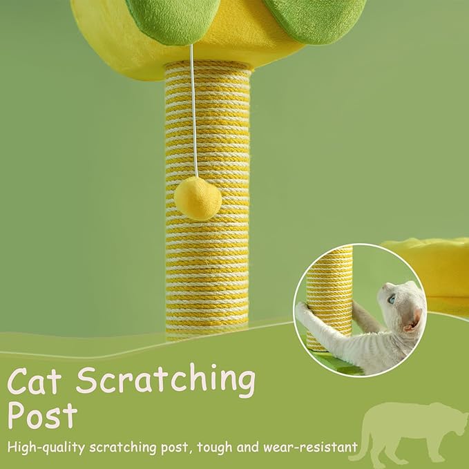 Modern Cat Tree Tower with Hammock, 33.8-inch Compact Scratching Post, Featuring Plush Cat Bed and Hanging Ball, Multi-Level Cat Furniture for Indoor Cats. Green