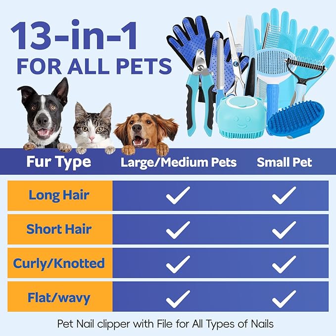 Dog Brush for Shedding 13pcs Bath Grooming Kit with Pet Nail Clipper and File - Dog Bath Brush Cat Grooming Supplies, Dematting Comb Bath Brush Shampoo Scrubber for Dogs and Cats
