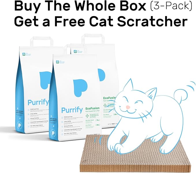 EcoFusion Cat Litter 3 Pack (8lb Each) Tofu & Corn Blend, Zero Powdering, Zero Mess, 99.8% Dust-Free, 98% Odor Control, Fast Clumping, Non-Stick, Includes Bonus Cat Scratcher