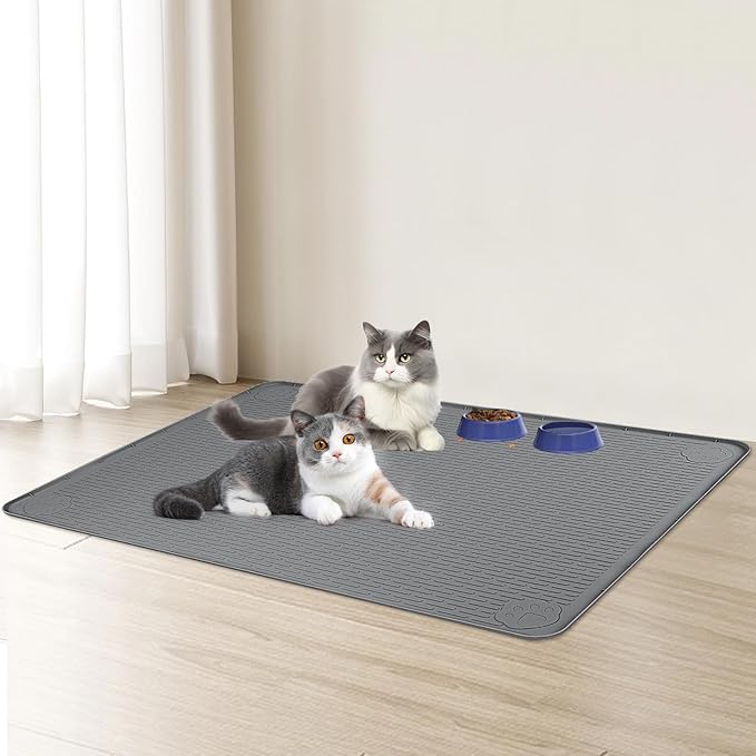 Cat Food Mat, 34" x 22" Large Silicone Pet Feeding Mat for Food and Water Bowls Non-Slip, Easy to Clean (Dark Grey)