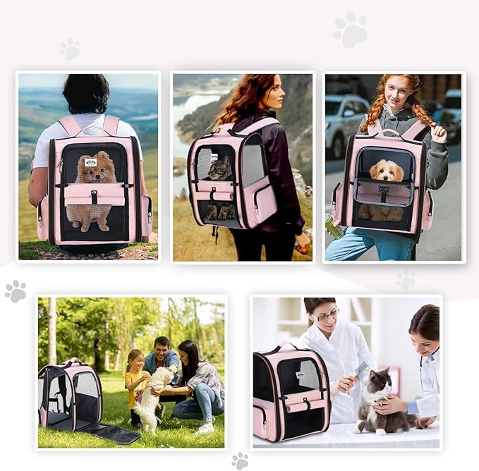 Lekebobor Large Cat Backpack Carrier Expandable Foldable Pet Carrier Backpack for Small Dogs Puppy Medium Cats Fit Up to 18 Lbs for Travel, Hiking,Pink XL Size