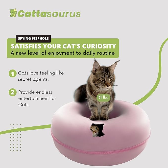 CATTASAURUS Peekaboo Cat Cave for Multiple & Large Cats Up to 30-45 Lbs, Scratch Detachable & Washable Tunnel Bed, Comfy Donut Cat Cave (Pink, Jumbo)