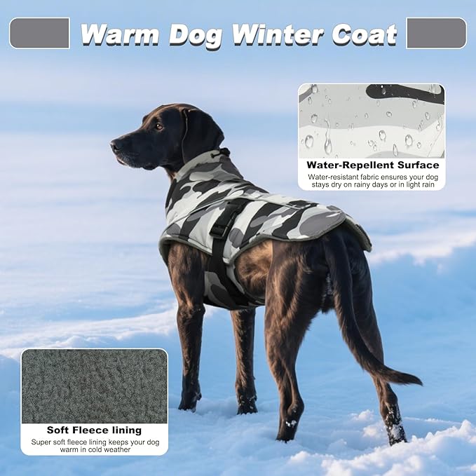 DENTRUN Extra Large Warm Dog Jacket - Windproof Water Repellent Reflective Coat, Adjustable Plush Turtleneck, Easy Wear Fleece Lined Cold Weather Vest for Great Dane, White Camo, XXXL