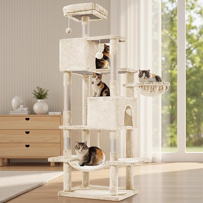 Sweetcrispy 66 inch Cat Tree Tower, Large Multi Level Cat Climbing Tower with Condo, Natural Sisal Scratching Posts, Extended Platform, Hammock, Pet House for Indoor Cats and Kittens Play, Beige