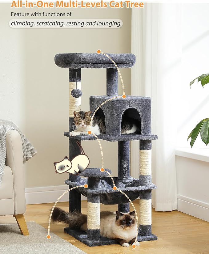 PEQULTI 45.7'' Cat Tree for Indoor Cats with Metal Frame Big Hammock, Cat Tower for Small or Medium Cats with Cat Condo House, with Scratching Posts and Top Perch, Dark Grey