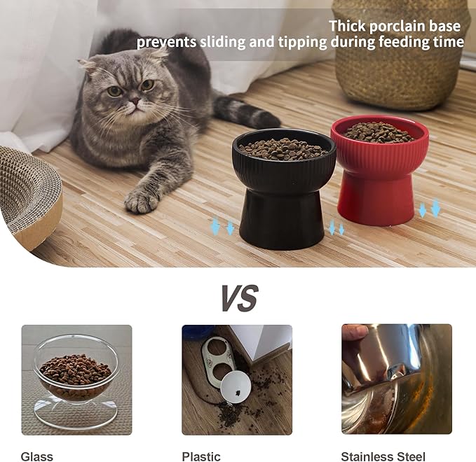 Ceramic Raised Cat Bowls, Elevated Cat Food and Water Bowls Set, 15 oz Porcelain Stress Free Pet Feeder Bowl Dish for Cats and Small Dogs, Dishwasher and Microwave Safe - Set of 2, Red