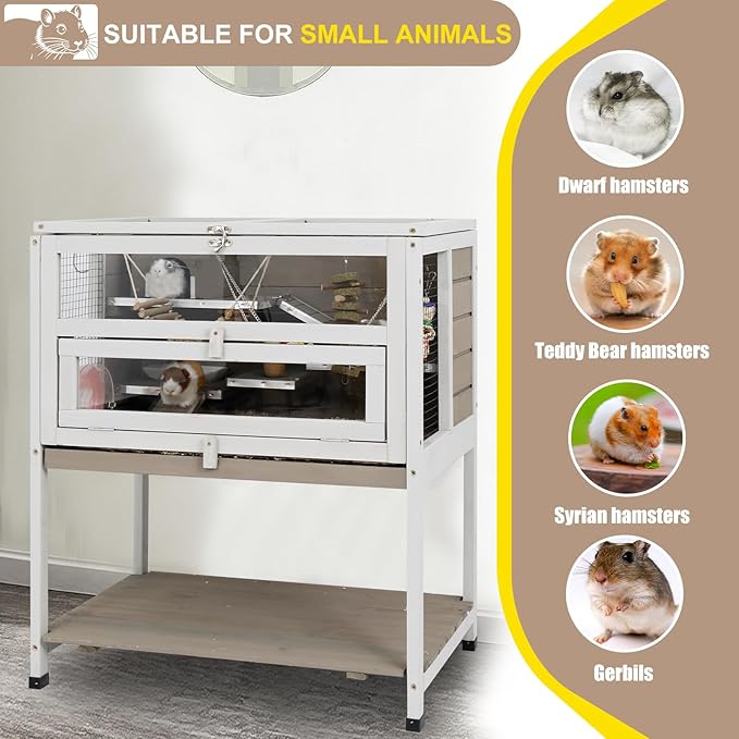 Large Hamster Cages, Easy Clean Hamster Cages and Habitat with Food Bowl, Shelf and Ladder, Wooden Indoor Small Animal Cage with Not Leakage Pull Out Tray (25.6" L X 17.7" W X 30.9”H)