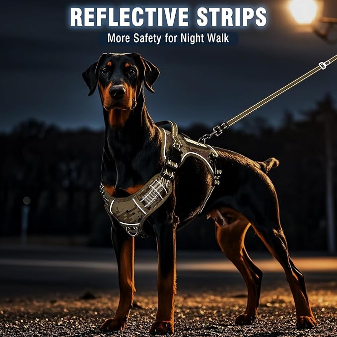 Tactical Dog Harness and Leash Set for Large Dogs,Heavy Duty No Pull Service Dog Vest and 10 Patches with Dog Seat Belt,Reflective Adjustable Pet Harness for Training Walking Hiking Camo L