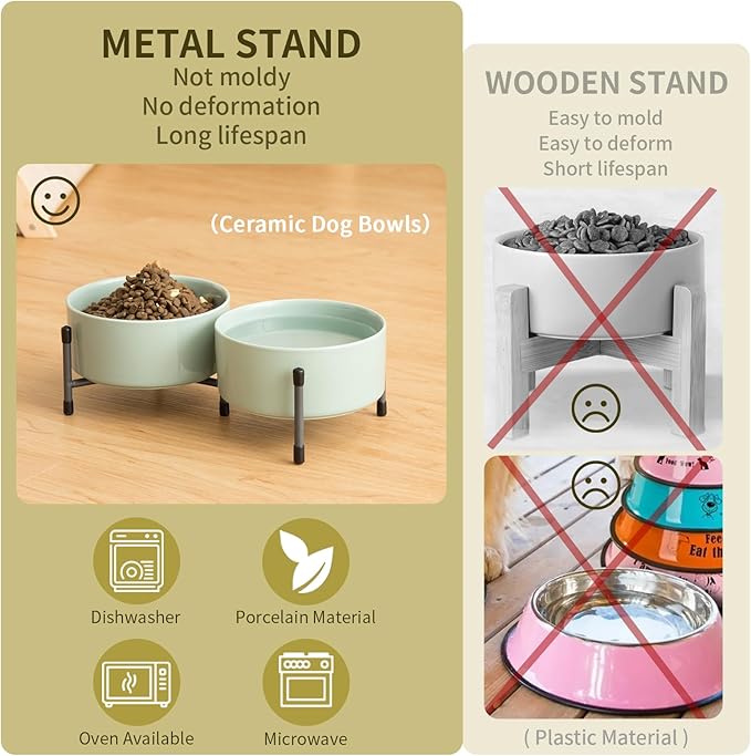 OMAYKEY 32 OZ Ceramic Dog Cat Bowl Set of 2 with Elevated Metal Stand - 6 Inch Ceramic Round Pet Food and Water Feeder Bowl Dish for Cats & Dogs - Light Green