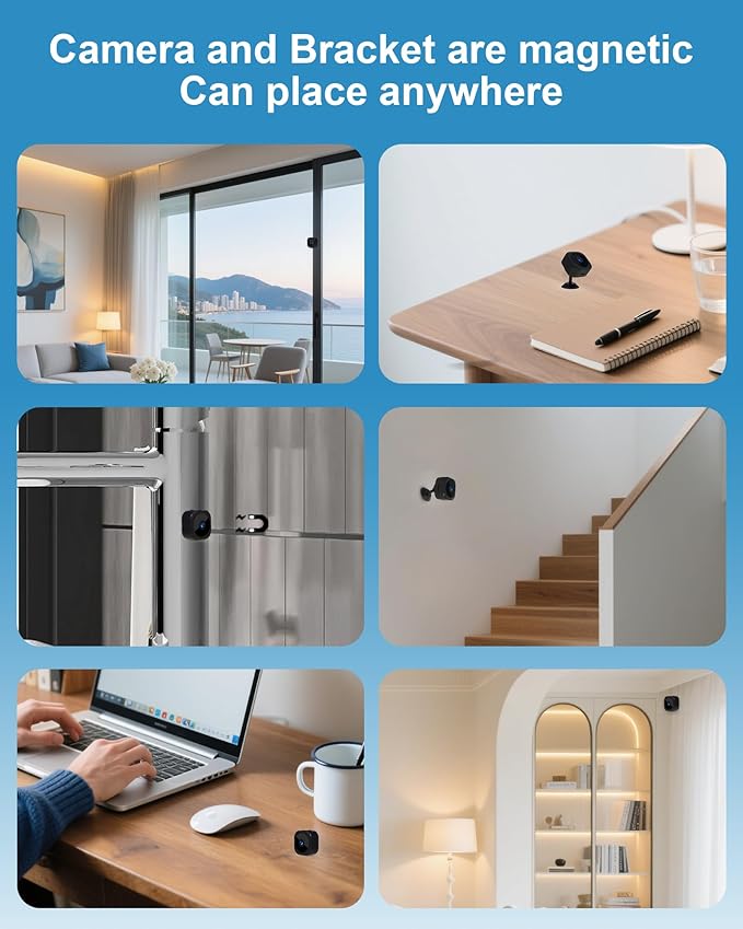 1080P HD Mini Camera for Indoor Security with App Control Motion Detection & Night Vision Wireless WiFi Rechargeable Pet Camera for Home/Office 24/7 Cycle Save (Black)