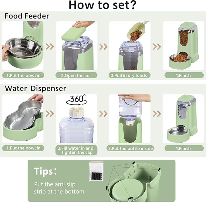 2 Pack Automatic Cat Feeder and Stainless Steel Water Dispenser, Gravity Dog Waterer Set Food Feeder and Waterer Set for Small Medium Kitten Puppy Pets(1 Gallon x 2, Green)