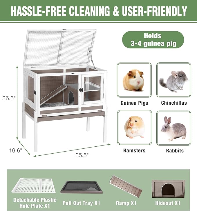 GUTINNEEN Guinea Pig Cage Rabbit Cage Indoor with Chew-Proof Edges, Clean Deep Tray, Leakproof PVC Layer, Small Animals Cage with Adjustable Legs - Brown