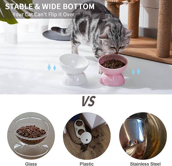 OMAYKEY Ceramic Raised Bowls, Tilted Elevated Food and Water Bowls, Porcelain Stress Free Feeder Bowl Set, Pet Bowl Dish for Cats and Small Dogs, White & Pink, Set of 2