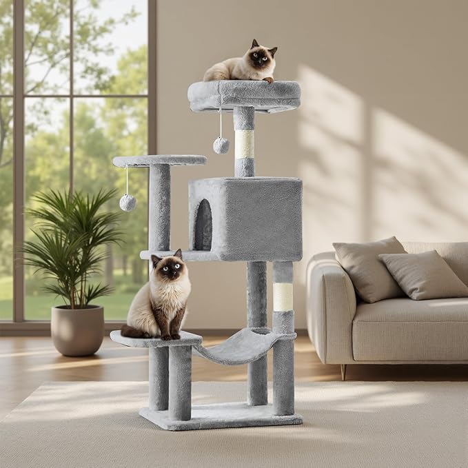 Sweetcrispy 44 inch Cat Tree Tower, Multi-Cat Climbing Tower with Condo, Natural Sisal Scratching Posts, Extended Platform, Hammock, Pet House for Indoor Cats and Kittens Play, Light Grey