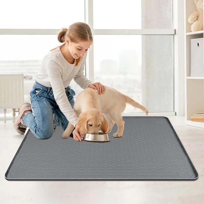 Cat Food Mat, 40" x 28" Extra Large Silicone Pet Feeding Mat with Raised Edge Pet Placemat for Food and Water Bowl Non-Slip, Easy to Clean, Floor Protection (Dark Grey)