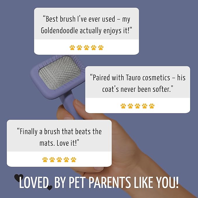 Tauro Pro Line Wooden Deshedding Dog Brush for Long Goldendoodle, Labradoodle & Poodle Hair - Purple Slicker Brush for Dog & Cat Grooming - Rectangular Flexible Cushion & Non-Slip Grip, S