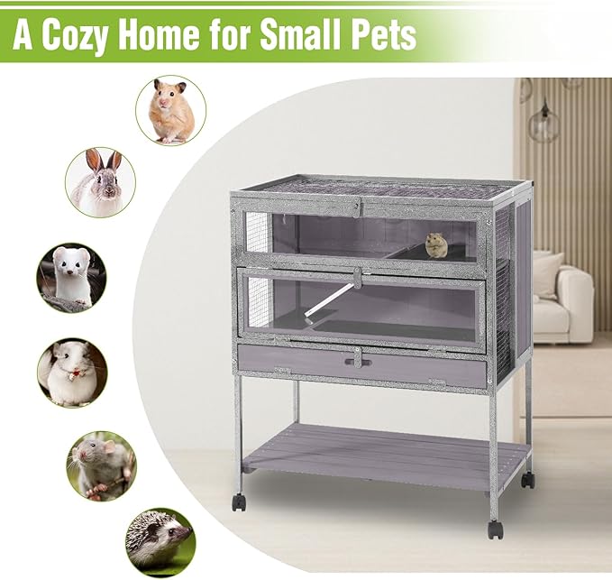 GUTINNEEN Guinea Pig Cage for Small Animals, Hamster Cage with Metal Iron Frame & Chew-Proof Aluminum Edges, 2-Story Small Animal Cage with Leak-Proof Tray, Hideout, and Storage Shelf, Black