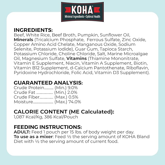 KOHA Limited Ingredient Bland Diet for Dogs, Beef and White Rice Sensitive Stomach Wet Dog Food, Sold in Over 5,000 Vet Clinics & Pet Stores, Gentle Easy to Digest Bland Diet Dog Food, Pack of 6