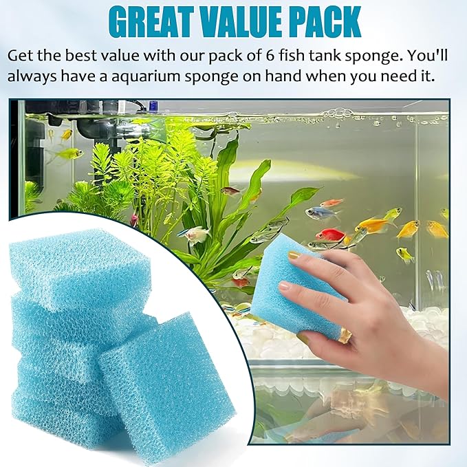 (6-Pack, Blue) 3.25x3.25x1 Aquarium Cleaner for Glass Walls Fish Tanks, Aquarium Glass Cleaning Tool Won't Scratch Glasses, Aquariums Sponge for Turtle Fish Tank