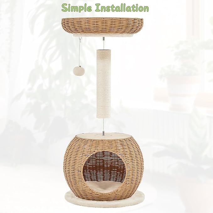 Yaheetech Cat Tree, 29.5in Rattan Cat Tower for Indoor Cats w/Scratching Post, Woven Cat Condo and Soft Cushion Top Perch, Aesthetic Cat Tree for Kittens