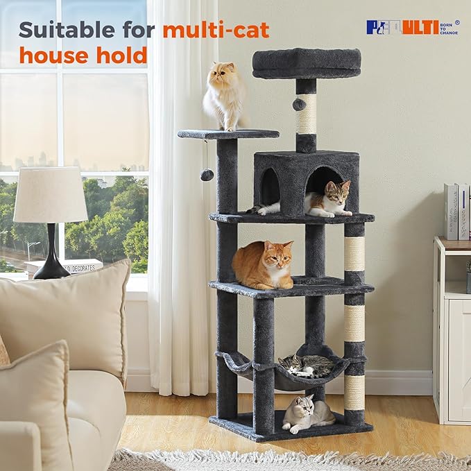 PEQULTI 56.3'' Cat Tree for Indoor Cats, Multi-Level Cat Tower with 2 Top Perch. Cat Condo, Hammock and Sisal-Covered Scratching Post, Smoky Grey