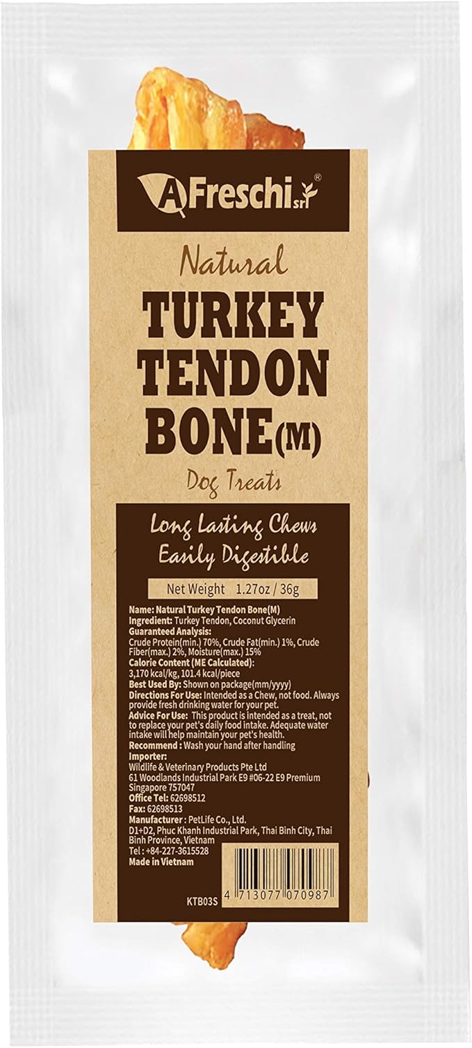 AFreschi Natural Turkey Tendon Bone (M) 20 Units/Box, Dog Treats for Signature Series, All Natural Human Grade Puppy Chew, USA-Sourced Turkey Tendon, Hypoallergenic, Rawhide Alternative