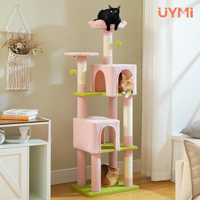 62" Flower Cat Tree for Indoor Cats, Multi-Level Cat Tower with 2 Spacious Condos, Dual Top Perches, Scratching Pad, 4 Scratching Posts, 2 Pompoms, Pink