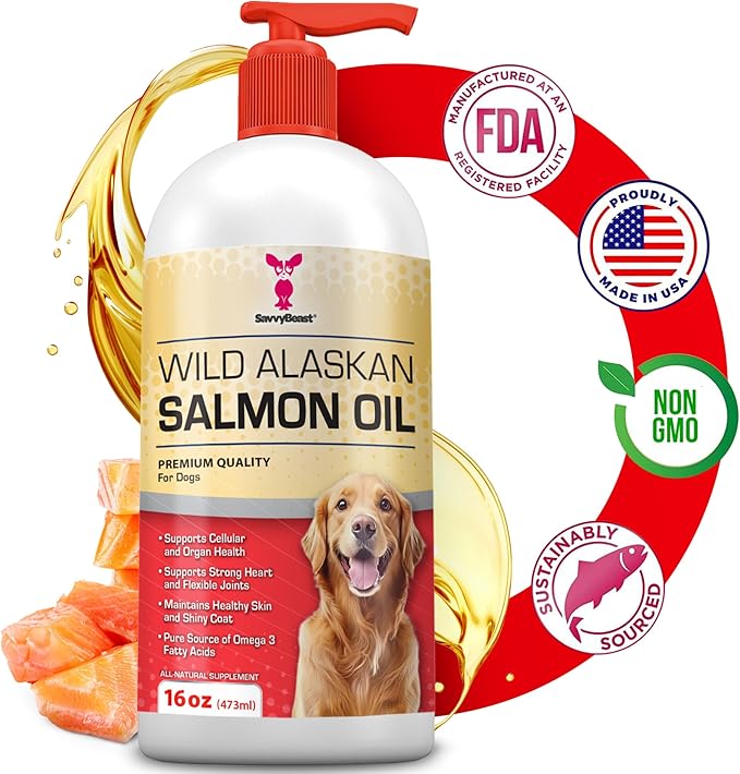 SavvyBeast Wild Alaskan Salmon Oil for Dogs, Cats & Ferrets – Omega-3 Fish Oil Pet Supplement with EPA & DHA – Supports Skin, Coat, Joints, Heart, Brain, Itch Relief & Immune – Unscented – 16 oz