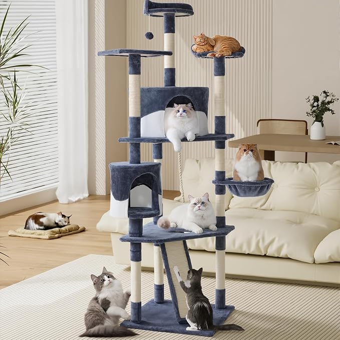 Sweetcrispy 79 inch Cat Tree Tower, Large Multi Level Cats Climbing Tower with Condo, Natural Sisal Scratching Posts, Extended Platform, Basket, Tall Pet Tree House for Indoor Cats Play, Dark Blue