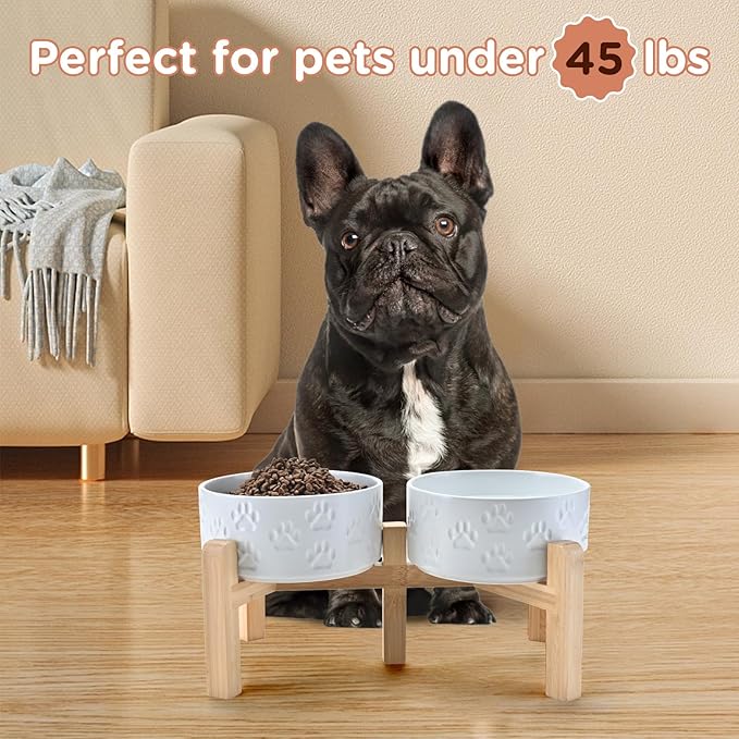 SPUNKYJUNKY Elevated Dog Bowls Ceramic, 6.1'' Dogs and Cat Food Water Bowls Raised with Non-Slip Bamboo Stand for Medium Sized Breed Microwave Dishwasher Safe - 28.7 OZ,Paw White
