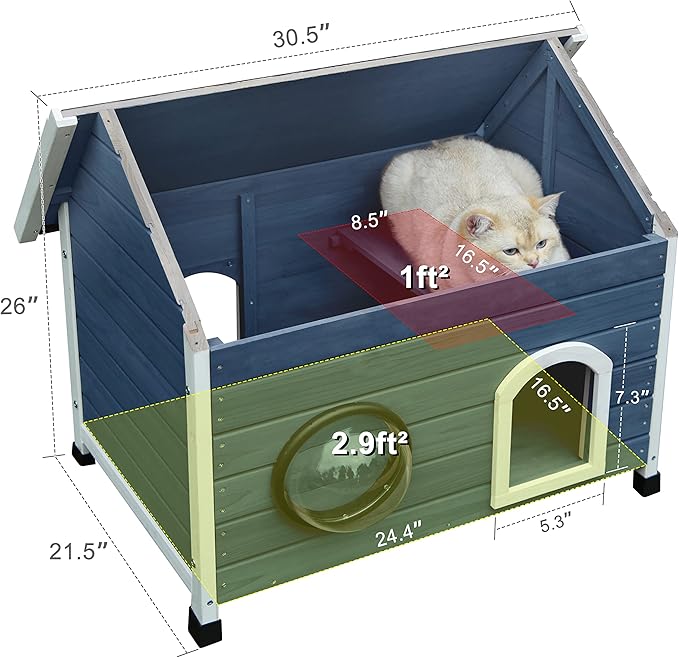 Rockever Outdoor Cat House, Feral Cat House Outdoor Weatherproof with Escape Door and Clear Windows for 2 Cats(Blue)