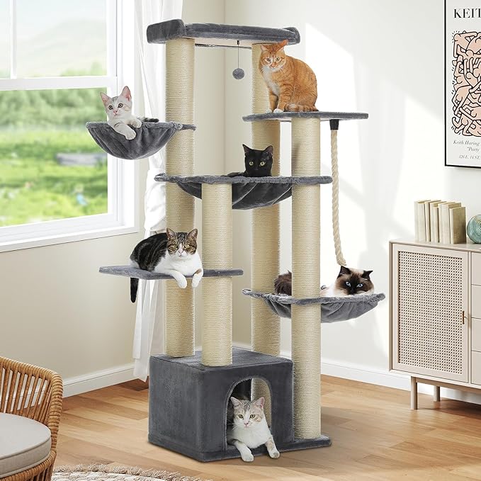 67" Heavy Duty Cat Tree for Indoor Cats Large Adult, XXL Cat Tower with 13 Thick Scratching Posts (φ4.3), Large Perch, Spacious Condo & Big Hammock - for Maine Coon up to 20 lbs, Grey