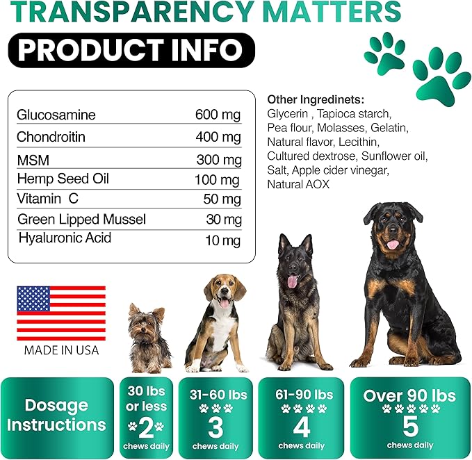 Hemp Hip and Joint Supplement for Dogs - Glucosamine for Dogs - 170 Joint Pain Relief Treats - Chondroitin, MSM, Hemp Oil - Advanced Health Supplement - Mobility Support Chews - Made in USA