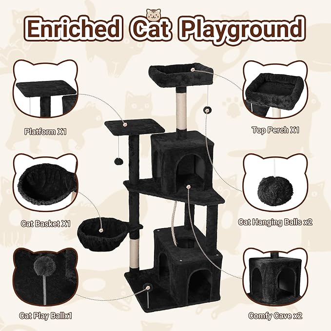 Cat Tree, 54-Inch Cat Tower for Indoor Cats,Plush Multi-Level Cat Condo with Scratching Posts, Basket, Perches,2 Caves,2 Pompoms(Black)