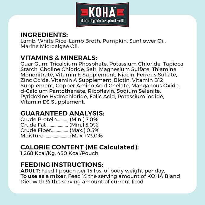 KOHA Pet Limited Ingredient Bland Diet for Dogs Value Pack, Lamb and White Rice Recipe Sensitive Stomach Wet Dog Food, Gentle Formula Easy to Digest Bland Diet Dog Food, Pack of 30