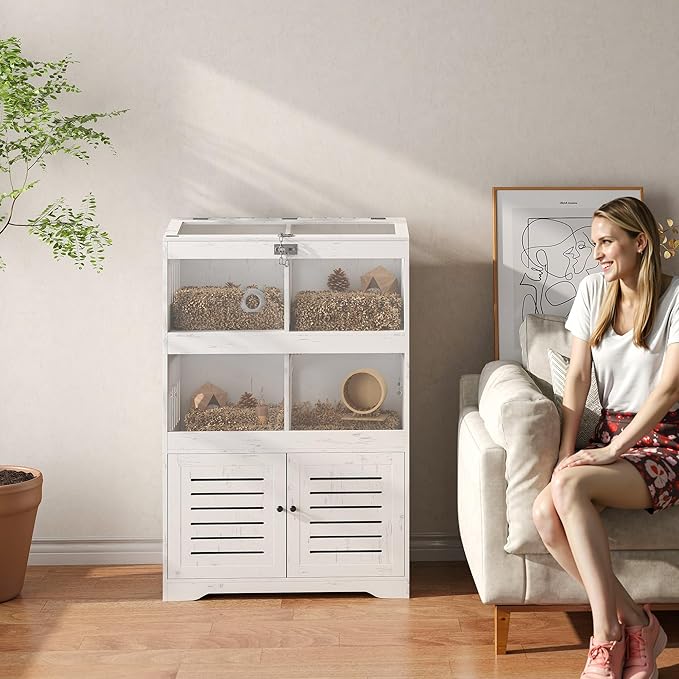 PawHut Large Hamster Cage for Multiple Small Pets, Rat Cage with Clear Acrylic Visual Panels, Sliding Doors, Flip Top, Storage Cabinet, for Syrian, Dwarf, Gerbil, Cream White