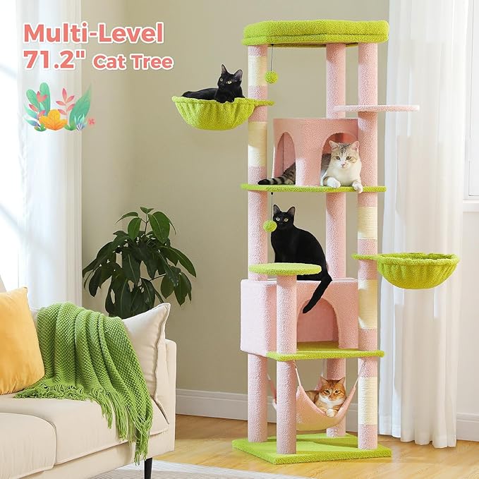 Tall Pink Cat Tree for Indoor Cats Large Adult, 71.2" Multi-Level Cat Tower with 2 Spacious Condos, 3 Hammocks, Super Large Top Perch, 2 Pompoms