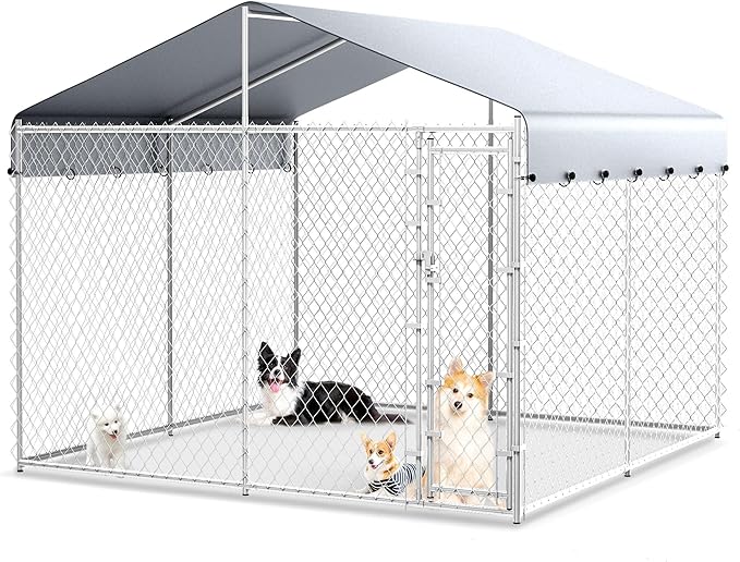 10'x10'x6.56' Large Outdoor Dog Kennel with Roof, Heavy Duty Outside Dog Run Enclosure Dog Pen House Pet Playpen with Galvanized Chain Link, Lockable Door, Waterproof Cover, for Small and Large Dogs