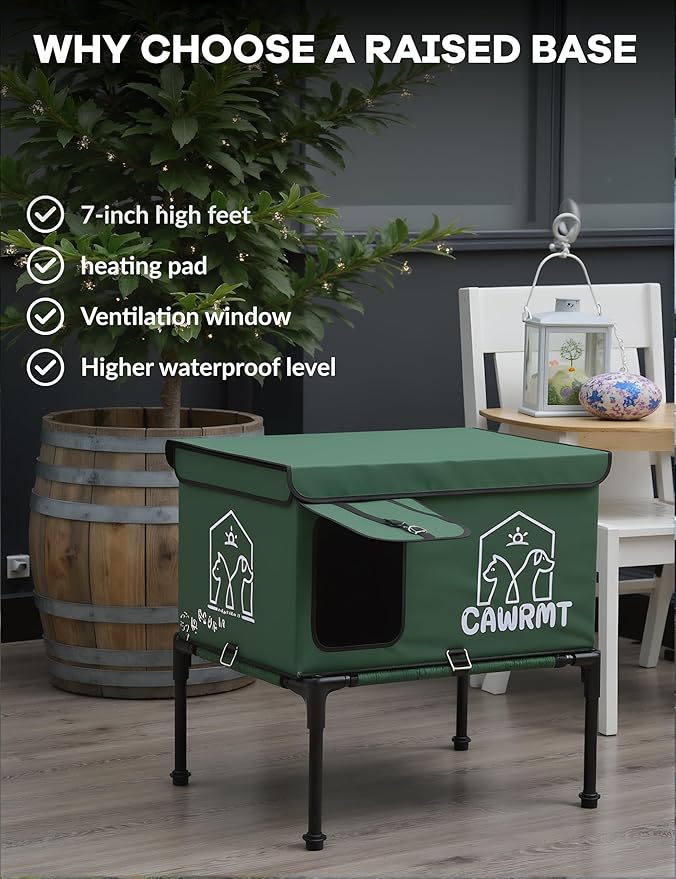 Outdoor Heated Cat House, Detachable Feral Cats House with Open Window, Weatherproof in Winter, Cat Shelter with Pet Heating Pad (Green, Medium)