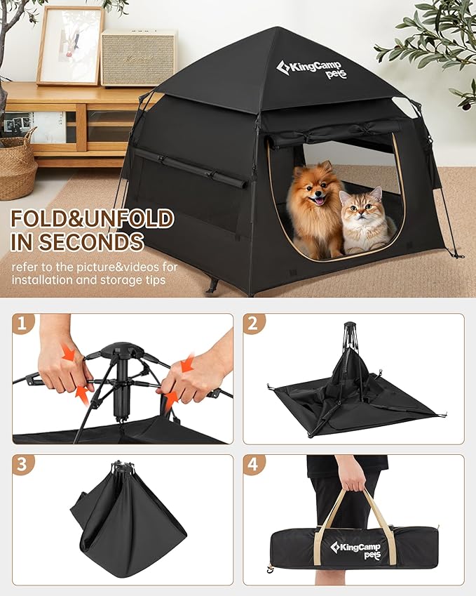 KingCamp Dog Tent, Large Portable Outdoor Indoor Dog House with 600D Oxford Fabric & Dual Layer for Medium Large Dogs, Jet Black