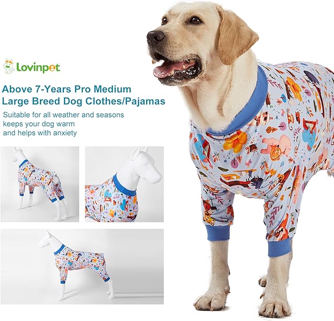 LovinPet Pajamas for Big Dogs, Pet Anxiety Relief, Sun Protection Dog Pajamas, Lightweight Stretchy Knit Fabric, Woodland Musicians Print, PJ's for Dogs, Stop Shedding for Dogs, Pet PJ's, M