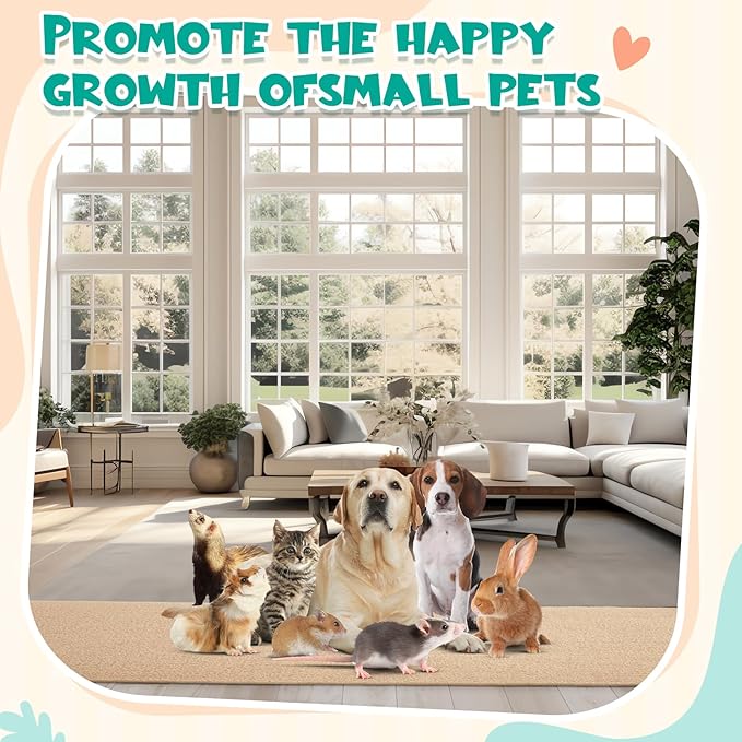 Rabbit Scratch Mat 3.28 ft Self Adhesive Bunny Scratching Pad Cuttable Claws and Teeth Care Rabbit Mats for Cage Cat Small Animal Floor Scratching Rug for Biting Sleeping Nesting(Khaki)