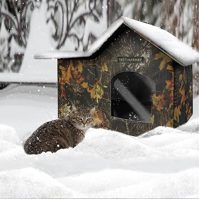 Rest-Eazzzy Outdoor Cat House, Feral Cat House Insulated with Mat and Clip, Weatherproof and Insulated, Cat Beds for Cats Kittens Puppies, Never Blow Away (Leaf, M 13" X 17" X 20")