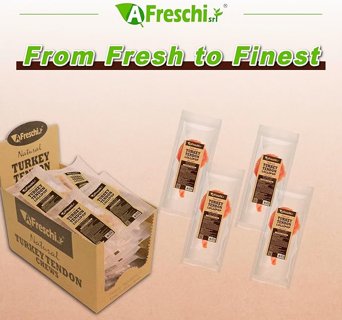 AFreschi Natural Turkey Tendon Lollipop Pack of 4, Dog Treat for Signature Series, All Natural Human Grade Puppy Chew, USA-Sourced Turkey Tendon, Rawhide Alternative